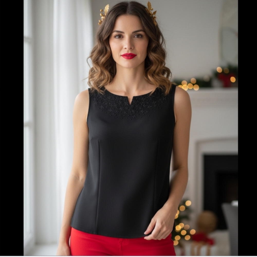 VTG David Warren Black Embroidered and Beaded Sleeveless Top Size 8